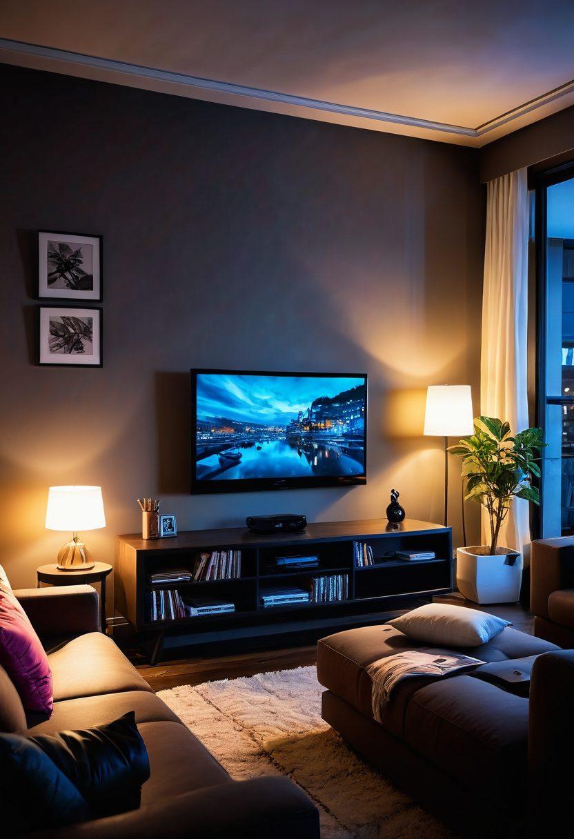 A captivating scene featuring a stylish living room with a large modern TV showcasing colorful streaming interfaces of erotic anime and hentai, plush cushions, and a cozy atmosphere, dim lighting with a hint of neon accents, manga art adorning the walls, and a steaming cup of tea on a small table. super-realistic. vibrant colors. intimate ambiance.